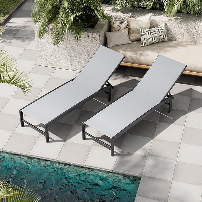 Crestlive Products Chaise Lounge Chair Outdoor Set of 2, Adjustable 5 Positions Pool Lounge Chairs, Metal Tanning Recliner, Outdoor Furniture All Weather for Patio, Beach, Yard, Pool
