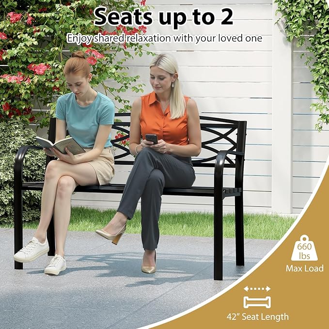 Tangkula Outdoor Metal Garden Park Bench, Heavy-Duty Metal Slatted Loveseat for 2 People with Curved Armrests & Backrest, Patio Park-Style Seating Furniture for Backyard, Poolside, Porch
