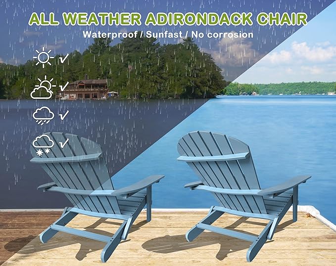 Adirondack Chairs, All-Weather Outdoor Patio Chairs with Wide Armrest, Solid Wood, 350 Lbs, Turquoise Grey - Photo 6