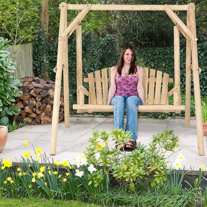 Tangkula A-Frame Wood Log Swing Bench, Outdoor Rustic Curved Back Swing Chair for Patio Garden Yard - Photo 3