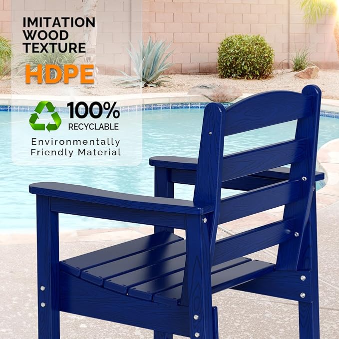 VINGLI Outdoor Bar Stools Set of 2, HDPE All-Weather Patio Bar Height Chairs Heavy-Duty Tall Adirondack Chairs for Backyard, Porch, Balcony and Poolside (Navy Blue)