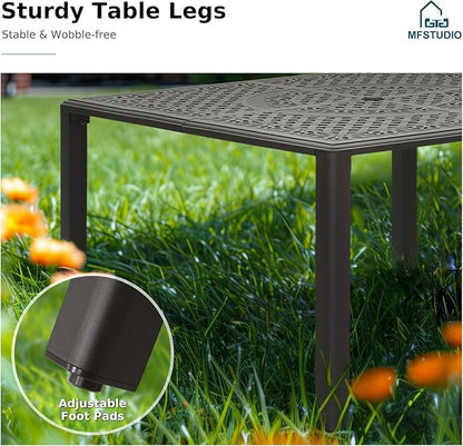 MFSTUDIO Cast Aluminum Outdoor Dining Table, 53" Square Patio Table with Umbrella Hole, Metal Aluminum Patio Dining Table for 8