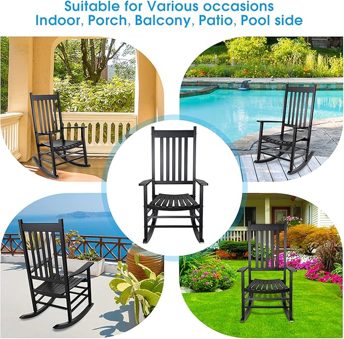 XINYUN Rocking Chair Wooden Frame Chair Indoor and Outdoor Fade Resistant Rocker with 350lbs Weight Capacity All Weather Porch Rocker for Garden Lawn Balcony Backyard and Patio Porch Black