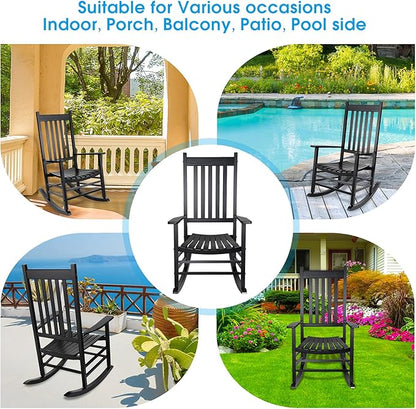 XINYUN Rocking Chair Wooden Frame Chair Indoor and Outdoor Fade Resistant Rocker with 350lbs Weight Capacity All Weather Porch Rocker for Garden Lawn Balcony Backyard and Patio Porch Black