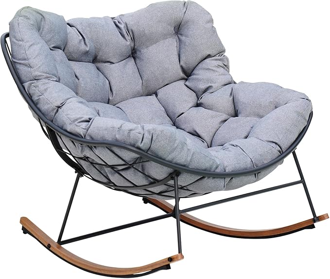 Grand patio Rocking Chair Outdoor, E-Coated Papasan Rocking Chair with Cushion, Outdoor Oversized Recliner Rocker for Patio Porch Garden Backyard, Grey