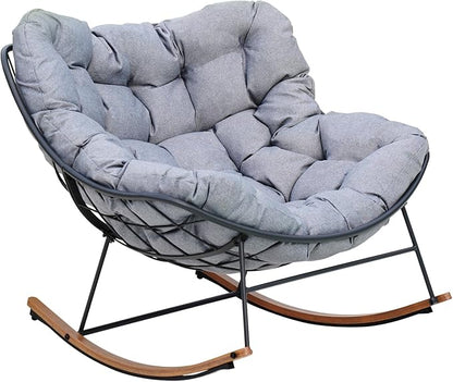 Grand patio Rocking Chair Outdoor, E-Coated Papasan Rocking Chair with Cushion, Outdoor Oversized Recliner Rocker for Patio Porch Garden Backyard, Grey