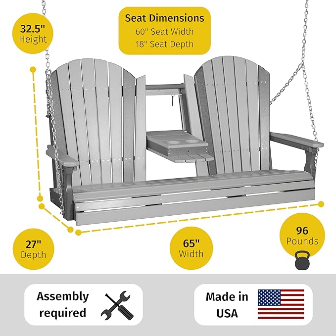 LuxCraft 5' Adirondack Hanging Front Porch Swing with Flip Down Console, Seats Up to 3 - Photo 2