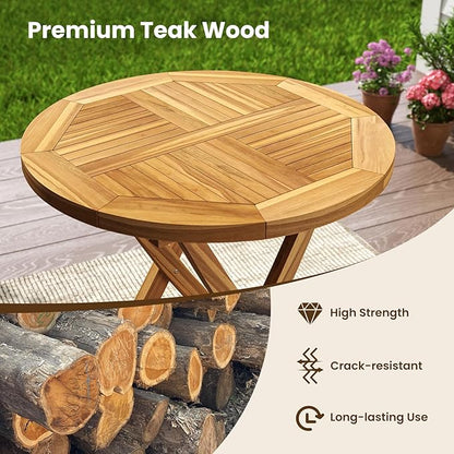 Tangkula 27.5" Teak Wood Patio Dining Table, Round Outdoor Bistro Table with Slatted Tabletop, Sturdy X-Shaped Frame, Wood Outside Table for Backyard, Poolside, Garden, Lawn, Natural