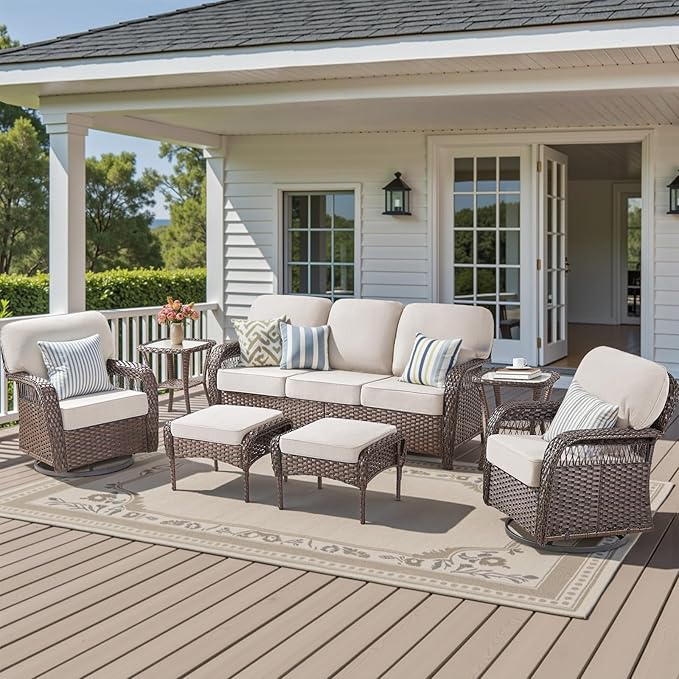 7 Pieces Outdoor Furniture Set Swivel Chairs, All Weather Wicker 3 Seater Sofa with Ottomans Rattan Side Table - Photo 7