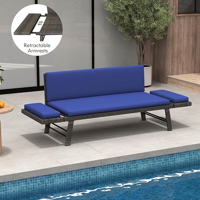 Tangkula Outdoor Convertible Sofa Daybed with Adjustable Armrests, PE Rattan Patio Couch Furniture with Thick Cushions - Photo 9