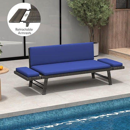 Tangkula Outdoor Convertible Sofa Daybed with Adjustable Armrests, PE Rattan Patio Couch Furniture with Thick Cushions, for Porch, Balcony, Backyard, Poolside (Navy)