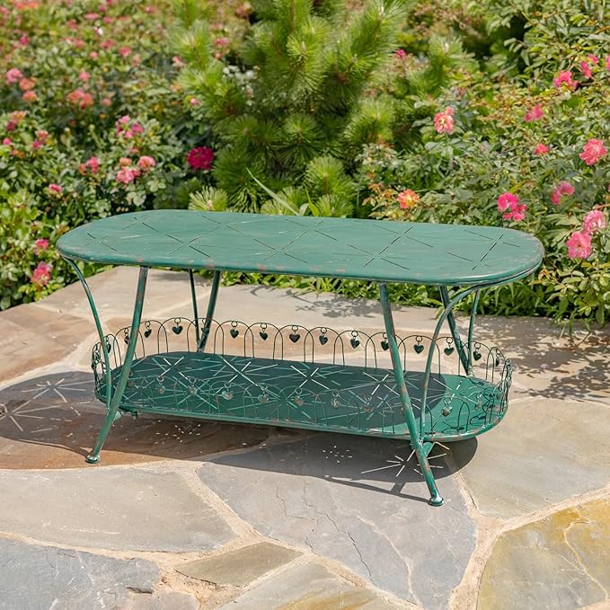 Zaer Ltd. Vintage Style Metal Patio Furniture with Heart Design Accents, Outdoor/Indoor Decor (Antique Green, Set of 3 (Bench, Table, Chair))