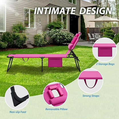 400lbs Tanning Chair, 5-Fold Beach Lounge Chair with Face Hole & 2 Side Pockets, Non-Slip Foot & Portable Handle, Beach Chaise Lounge for Patio/Pool/Lawn(1, Pink)