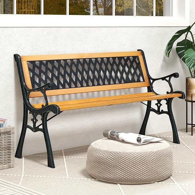 Giantex 49.5" 3-Person Outdoor Bench with Lattice Pattern Backrest, 470 Lbs Capacity, Slatted Seat, Curved Armrests, Cast Iron Metal Bench for Garden, Outside, Patio, Porch, Yard, Park