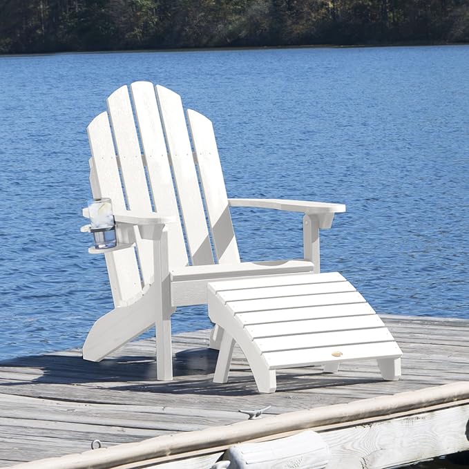 highwood Classic Westport Adirondack Chair with Ottoman and Cup Holder, White