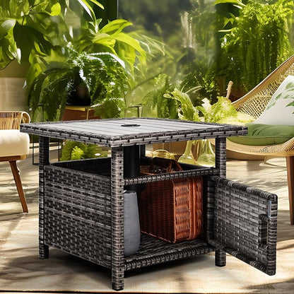 Outdoor Patio Side Table with Umbrella Hole Small Grey Wicker Umbrella Stand Table with 2 Weight Bags for Outside End Storage Coffee Table with Poly Lumber Top for Pool Garden Balcony Deck