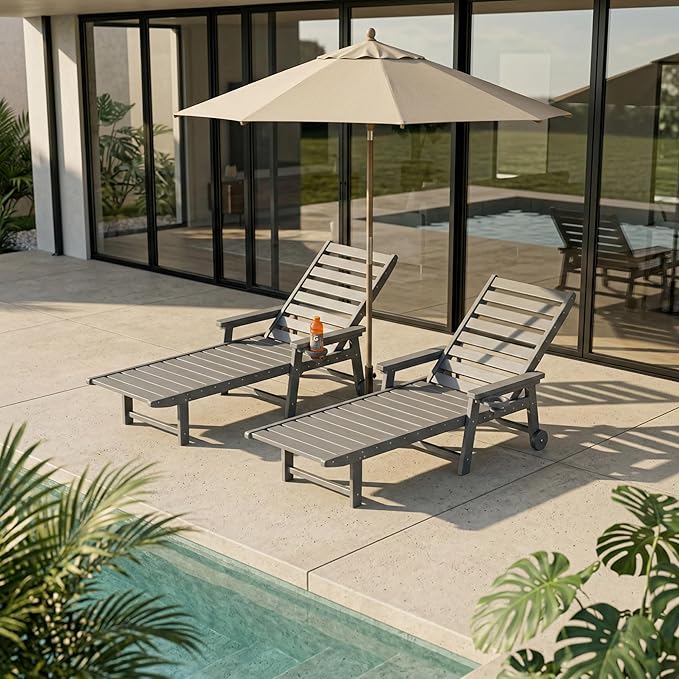 5-Position Adjustable Lounge Chair Outdoor, HDPE Outdoor Chaise Lounge with Cup Holder & Wheels - Photo 8