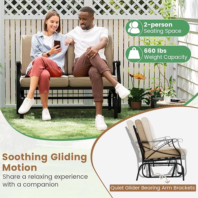Giantex 2-Person Outdoor Glider, Rocking Chair Loveseat with Detachable Thick Cushions, Metal Frame, 660Lbs Capacity, Outside Swing Chair, Loveseat, Patio Glider Bench for Porch, Garden, Yard (Brown)