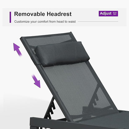 PURPLE LEAF Patio Lounge Chair Set of 3 Outdoor Chaise Lounger Aluminum Frame with Side Table and Wheels for Pool Outside Sunbathing Tanning Recliner Including Pillows Gray