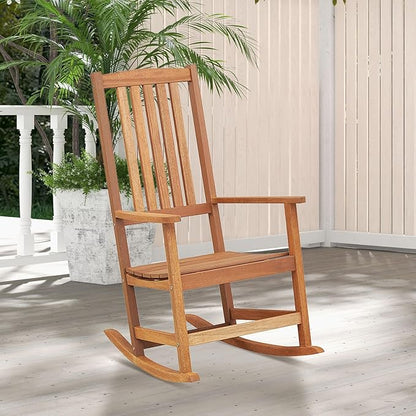Tangkula Outdoor Wood Rocking Chair, Ergonomic High-Back Patio Rocker with Smooth Rocking Base, Slatted Design, Perfect for Patio, Poolside, Backyard