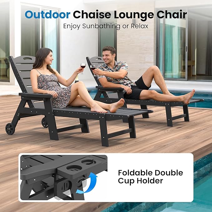 UDPATIO Outdoor Chaise Lounge Chair, HDPE Patio Lounge Chairs for Outside with Wheels & Cup Holder, Reclining Seating with 5 Position for Poolside Deck Garden Indoor,Black,1PC