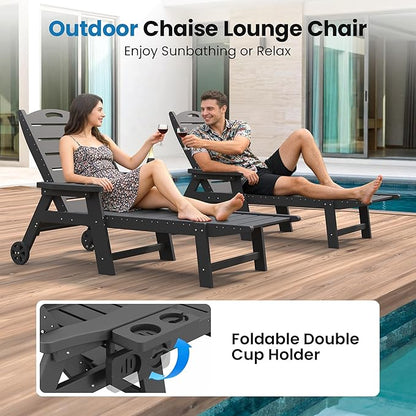 UDPATIO Outdoor Chaise Lounge Chair, HDPE Patio Lounge Chairs for Outside with Wheels & Cup Holder, Reclining Seating with 5 Position for Poolside Deck Garden Indoor,Black,2PCS