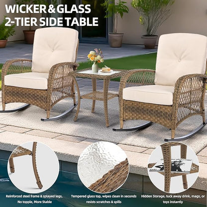 MEETWARM Wicker Outdoor Side Table, All-Weather Patio Rattan Side Table with Tempered Glass Top and Storage Shelf, Small Patio End Table for Outside Indoor Poolside Deck Garden, Brown