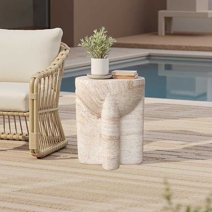 LuxenHome 18" Outdoor Side Table, Marbled Round Accent Table, Indoor Outdoor End Tables for Patio, Balcony, Living Room - Photo 6