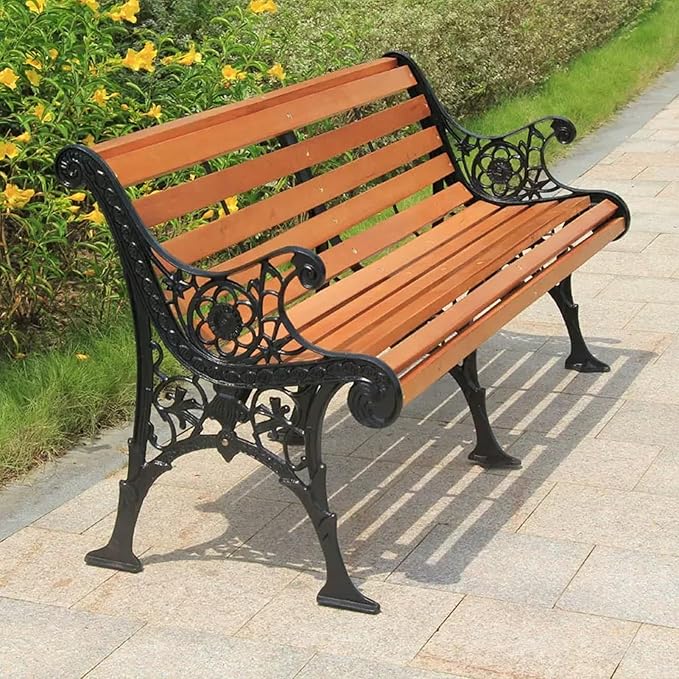 Metal Garden Bench, Cast Iron and Wood Park Bench with Backrest and Armrests, Comfortable Natural Slatted Wood Seat, for Indoor, Outdoor, Patio, Park(C,59 * 22.8 * 30.7"/150 * 58 * 78cm)