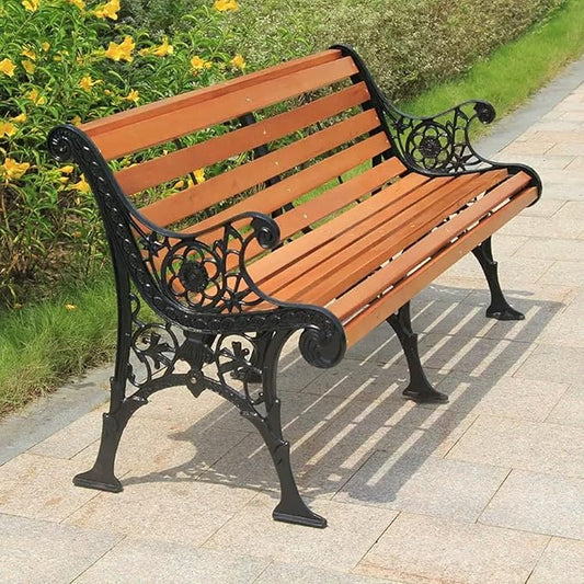 Metal Garden Bench - Cast Iron & Wood Outdoor Park Bench with Backrest & Armrests, Comfortable Slatted Natural Wood Seat for Patio, Garden, Indoor Use (C, 49"x22.8"x30.7")