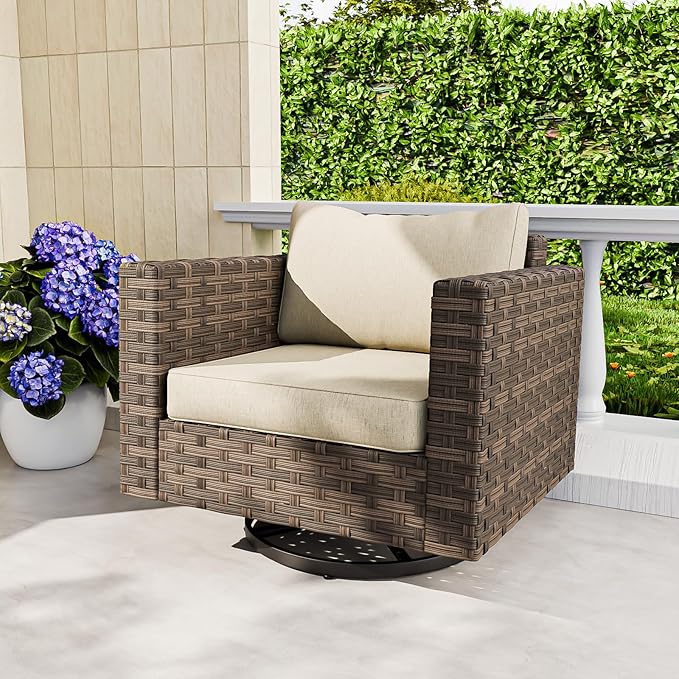 EAGLE PEAK Harbor Haven Wicker Swivel Rocker Patio Chair, Deep Seating Rocking Chair, Weather Resistant Outdoor Furniture for Patio, Deck, Garden, Brown/Beige