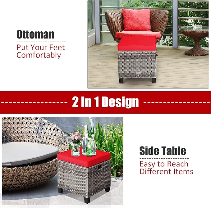 Tangkula 2 Pieces Patio Rattan Ottomans, Outdoor Wicker Footstool Footrest Seat with Soft Cushions and Steel Frame - Photo 9