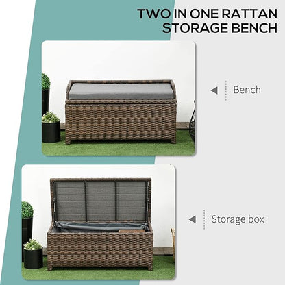 Outsunny 38 Gallon Outdoor Wicker Storage Bench Deck Box, PE Rattan Patio Furniture Pool Storage Bin Container with Interior Waterproof Cloth Bag and Comfortable Cushion, Cream White