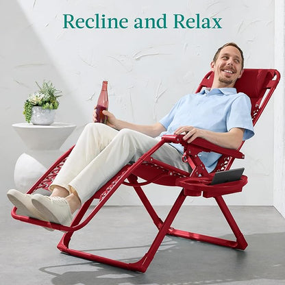 Best Choice Products Adjustable Zero Gravity Chair, Monochromatic Color Folding Patio Recliner w/Side Tray, Headrest - Ruby