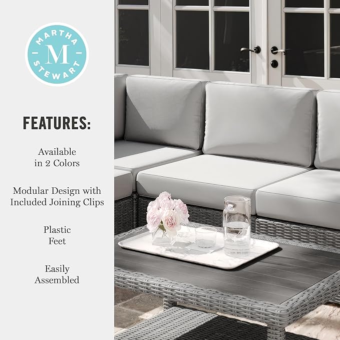 Martha Stewart Bedford Indoor-Outdoor Modular Patio Sectional Sofa Center Seat with Rattan Wicker Finish in Gray with - Photo 7