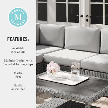 Martha Stewart Bedford Indoor-Outdoor Modular Patio Sectional Sofa Center Seat with Rattan Wicker Finish in Gray with Gray All-Weather Cushions