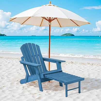 Oversized Folding Adirondack Chair with Retractable Ottoman - Solid Wood Outdoor Lounge Chair for Patio Garden Backyard Porch, Weather-Resistant & Pre-Assembled, Blue