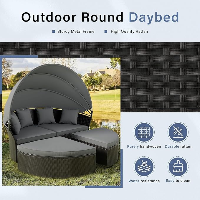 Crownland Outdoor Round Daybed with Retractable Canopy, Patio Daybed with Washable Cushions, Clamshell Sectional Seating - Photo 3