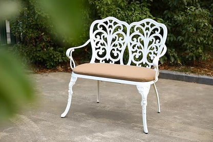 Patio Garden Bench Metal Park Bench Cast Aluminum Outdoor Furniture with Floral Rose for Patio,Park,Lawn,Yard with Cushion White