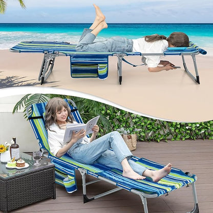 Giantex Tanning Chair, 330Lbs Patio Lounge Chair with 5 Adjustable Position, Face & Arm Hole, Hand/Shoulder Strap, Removable Pillow, Side Pocket, Chaise Lounger for Beach Sunbathing Outdoor, Stripe