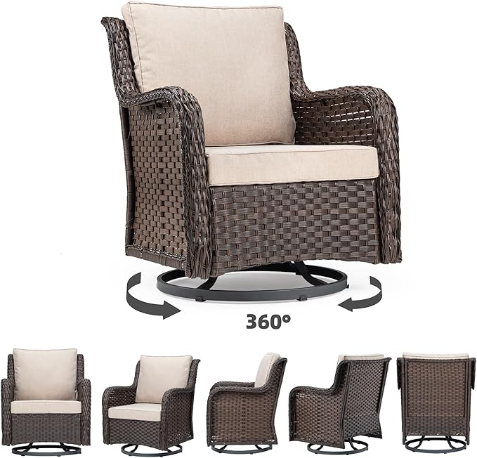 GAOMON Rattan Chairs Rocking Swivel Chair Outdoor Set with Side Table and Cushions, Patio Conversation Furniture Set 3 Piece for Outside Porch Deck Balcony Garden Backyard (Beige Cushions 1)