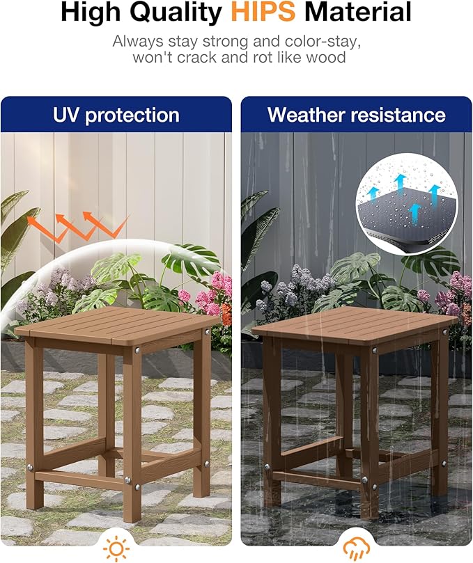 YEFU Outdoor Side Table for Patio: 16" HIPS Weather - Resistant Adirondack Tables - Waterproof Small Square End Tables for Backyard Pool Porch Balcony - Indoor Outdoor Durable Table Teak