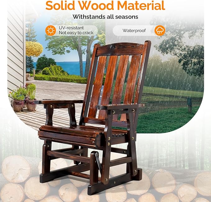 VINGLI Wooden Patio Glider, Heavy Duty 600 LBS Outdoor Glider with Cup Holders, Single Wooden Glider Bench with High Backrest for Garden, Yard, Patio, Rustic