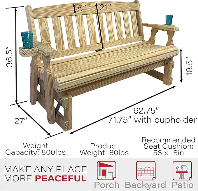 Amish OUTLET STORE Heavy Duty 800 Lb Mission Pressure Treated Porch Glider with Cupholders (5 Foot, Unfinished)