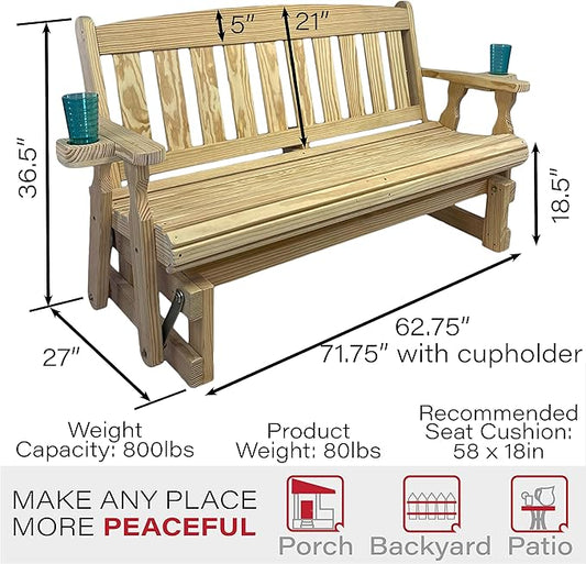 Amish OUTLET STORE Heavy Duty 800 Lb Mission Pressure Treated Porch Glider with Cupholders (5 Foot, Unfinished)
