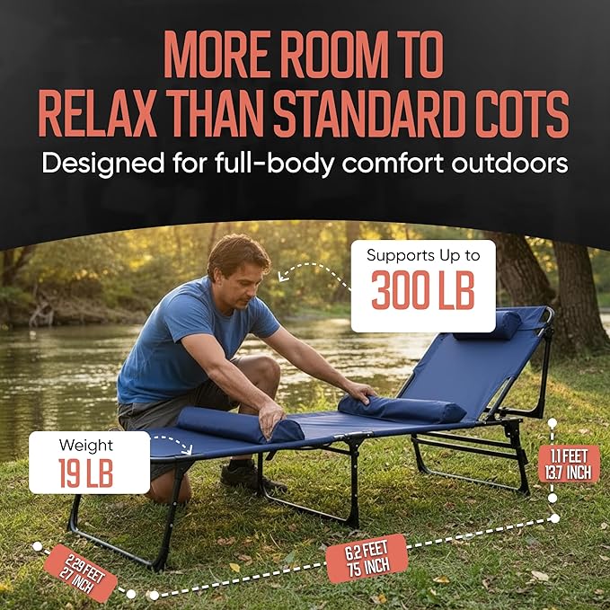 Outdoor Lounge Chair | Extra Large Portable cot incl Leg Raising adjustability | Easy Setup & Takedown - Photo 5