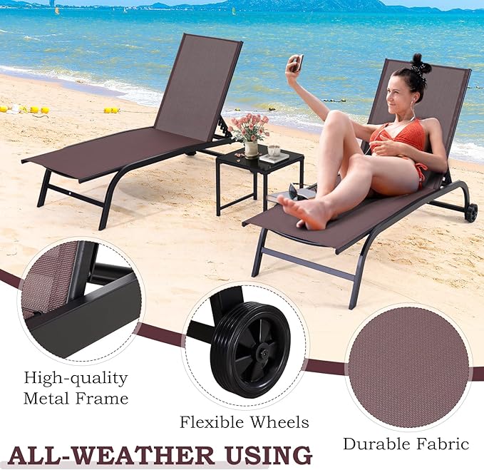 EROMMY Patio Chaise Lounge Chair Set of 2 with Table, Adjustable Backrest & Wheels, Oversized 26" W Outdoor Poolside Recliners for Garden, Deck, Lawn, Backyard