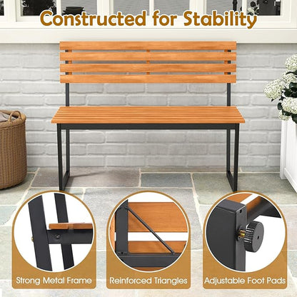 Giantex Outdoor Bench, 43"×22"×33" Acacia Wood Patio Loveseat with Backrest, Heavy Duty Metal Frame, 800 lbs Weight Capacity, 2-Person Garden Bench for Lawn, Porch, Yard and Park