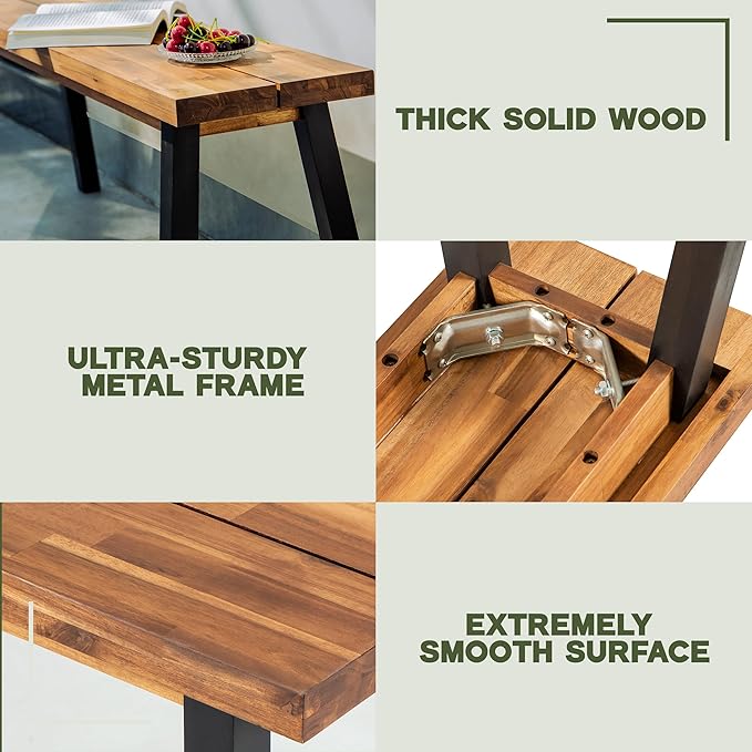 Solid Wood Bench - Minimalist Design, Acacia Wood Construction, Natural top-Black Leg Color, Versatile for Entryway,Living Room,Bedroom & Outdoors,Easy Assembly & Weather-Resistant