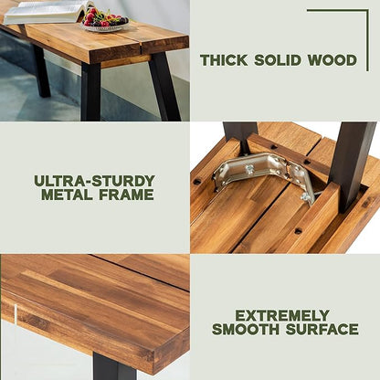 Solid Wood Bench - Minimalist Design, Acacia Wood Construction, Natural top-Black Leg Color, Versatile for Entryway,Living Room,Bedroom & Outdoors,Easy Assembly & Weather-Resistant